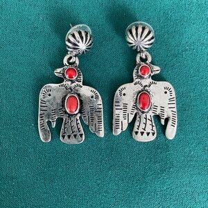 Thunderbird Pierced Earrings w/ Red Stones
